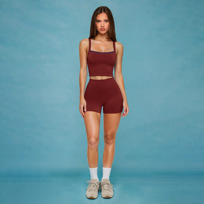 MFVIM Women's Faux Two-Piece Activewear Set with Cross Cutout Tank Top and High-Waisted Shorts, Ideal for Outdoor Running, Yoga, and Fitness