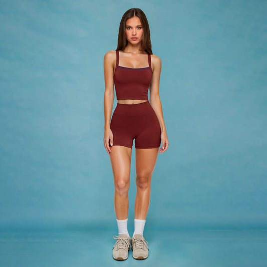 MFVIM Women's Faux Two-Piece Activewear Set with Cross Cutout Tank Top and High-Waisted Shorts, Ideal for Outdoor Running, Yoga, and Fitness