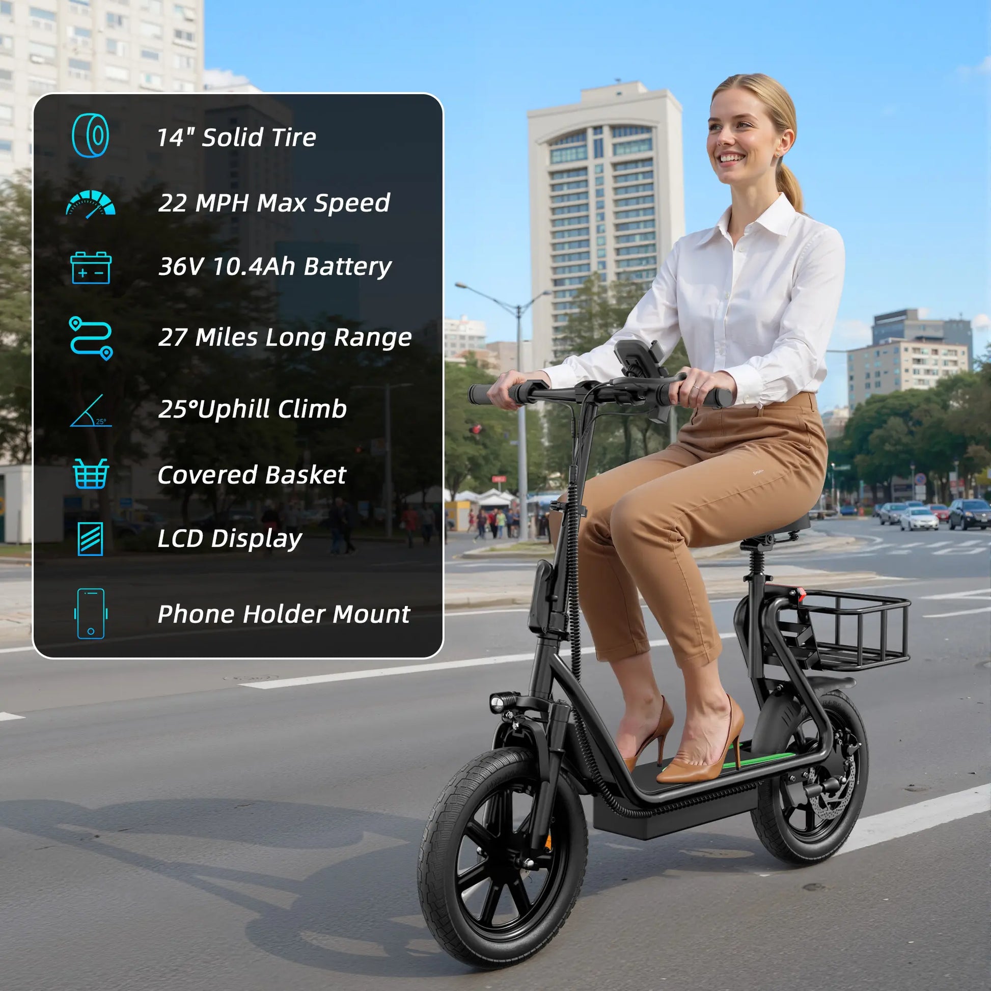 【Aopo】Adult Electric Scooter (With Seat), 500W Motor, 14-Inch Tires,Top Speed 22 Mph, 48V/10.4Ah Battery, Approx 27 Miles Range, Pet-Friendly Design, Foldable Portable Scooter.Lcd Display Kick Scooter Ev Scooter