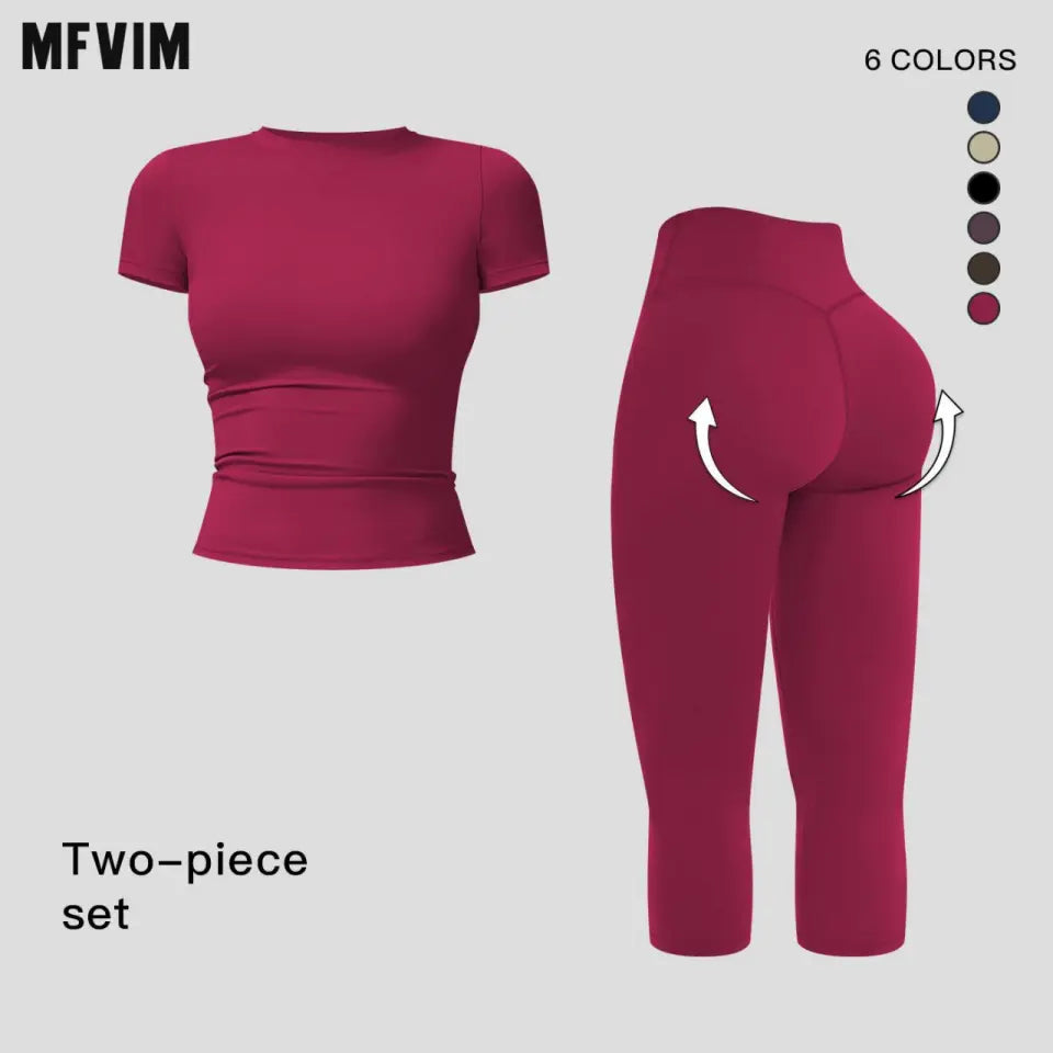 MFVIM Women’S Breathable Body-Shaping Yoga Outfit, High-Waisted Quick-Dry Fitness Wear, Versatile Three-Quarter Shorts Sports Set