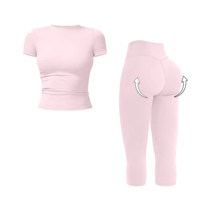 MFVIM Women’S Breathable Body-Shaping Yoga Outfit, High-Waisted Quick-Dry Fitness Wear, Versatile Three-Quarter Shorts Sports Set