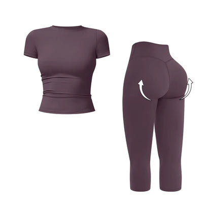 MFVIM Women’S Breathable Body-Shaping Yoga Outfit, High-Waisted Quick-Dry Fitness Wear, Versatile Three-Quarter Shorts Sports Set