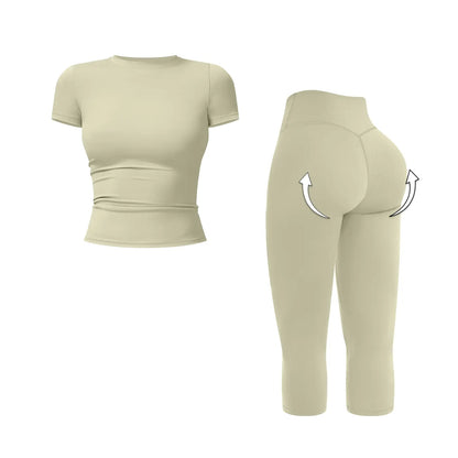 MFVIM Women’S Breathable Body-Shaping Yoga Outfit, High-Waisted Quick-Dry Fitness Wear, Versatile Three-Quarter Shorts Sports Set