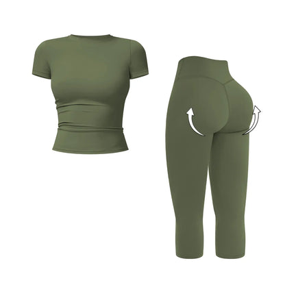 MFVIM Women’S Breathable Body-Shaping Yoga Outfit, High-Waisted Quick-Dry Fitness Wear, Versatile Three-Quarter Shorts Sports Set