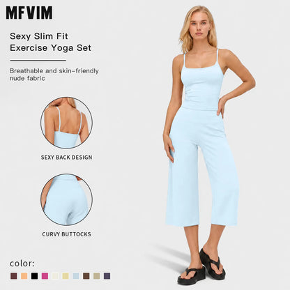 MFVIM Women'S 2-Piece Athleisure Fitness Clothes - Slimming Camisole Yoga Tank Top, High-Waisted Quick-Dry Slim-Fit Mid-Length Shorts, Multifunctional Casual Sports Wear Set for Gym, Outdoor Running